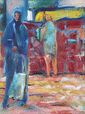 Linie 734, zwei Frauen an einer Bushaltestelle, gemalt mit Ölfarben